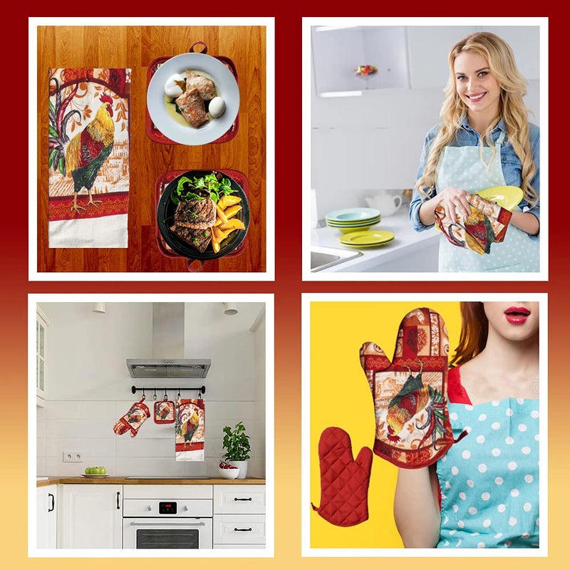 Lobyn Value Packs: Decorative & Functional Rustic Rooster Kitchen Set â€“ 5 Pieces, Perfect for Farmhouse DÃ©cor Set includes 2 Dish Towel 2 Pot Holders 1 Oven Mitt | Kitchen Towel Set for Daily Use - Image 3